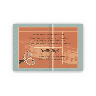 carte remerciements décès, tennis, terrain de terre battue