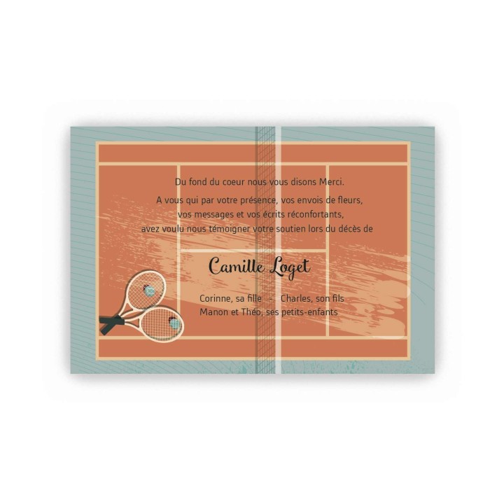 carte remerciements décès, tennis, terrain de terre battue