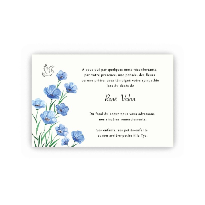 CARTE REMERCIEMENT DECES  FLEURS MYOSOTIS BLEUE ET UNE COLOMBE