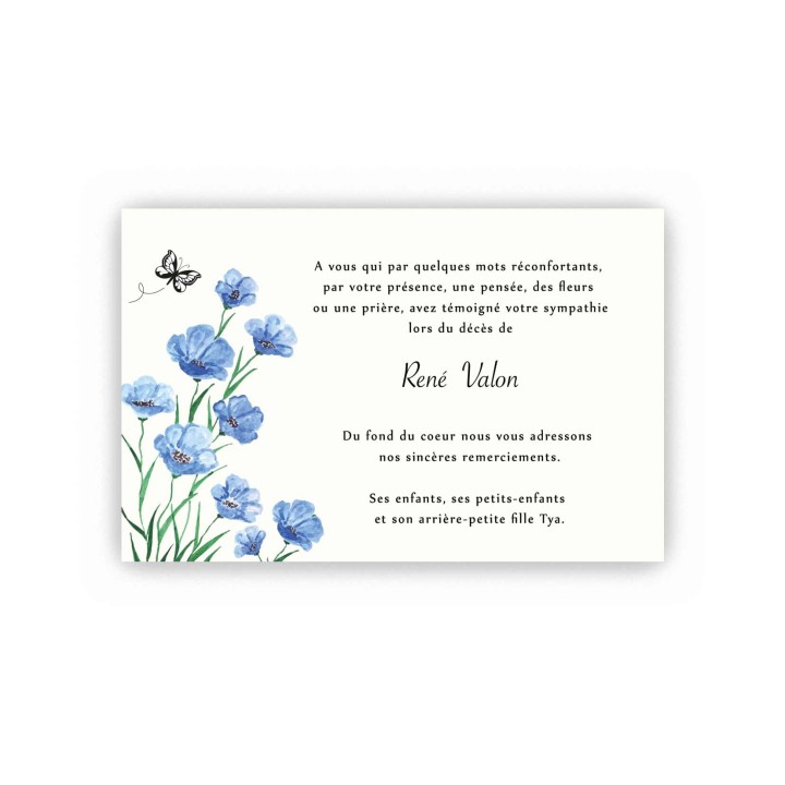 CARTE REMERCIEMENT DECES  FLEURS MYOSOTIS BLEUE ET UN PAPILLON