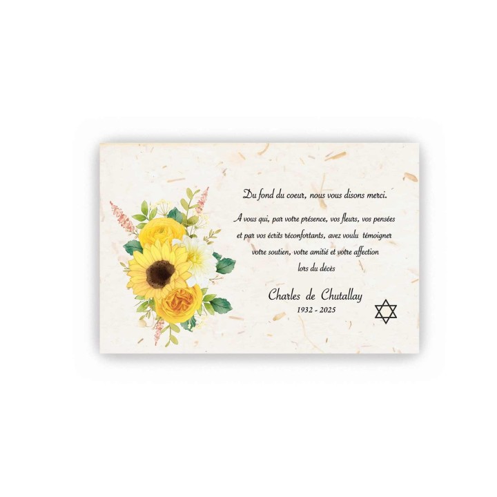 CARTE REMERCIEMENT DECES  FLEURS  DAHLIA JAUNE ET  SYMBOLE  JUIF HEBREU