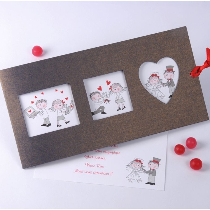 FAIRE PART mariage IRISE CENDRE  CHIC  3 FENETRES ET UN COEUR