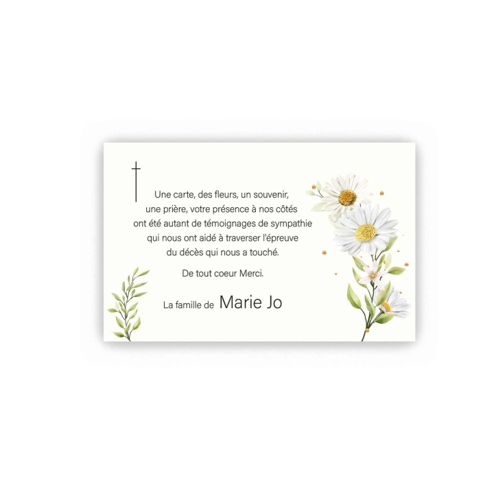 Carte remerciements décès, PAQUERETTE 
 FLEURS BLANCHES ET CROIX CATHOLIQUE