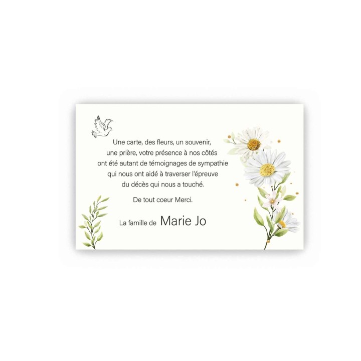 Carte remerciements décès, PAQUERETTE  FLEURS BLANCHES ET COLOMBE DE LA PAIX