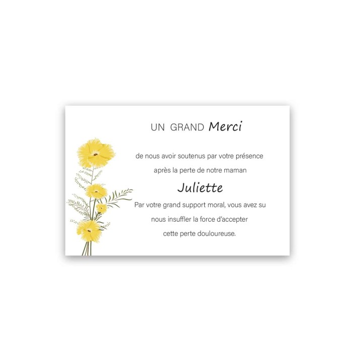 Carte remerciement décès  fleurs jaunes cerfeuil