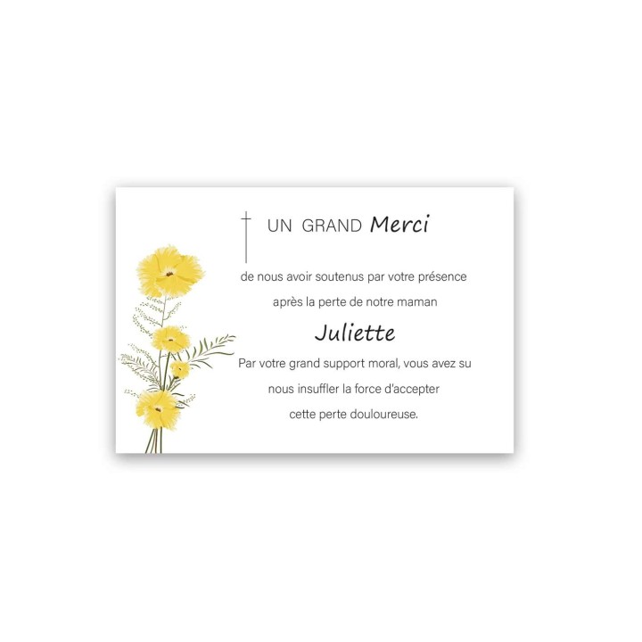 Carte de Remerciement Décès Bouquet de Fleurs Jaunes Soleil