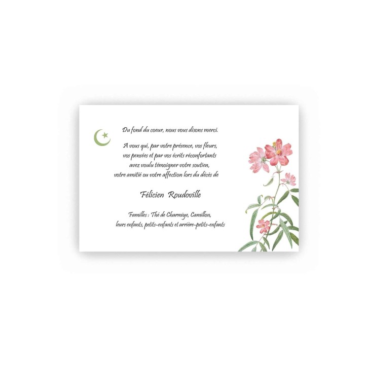 CARTE CONDOLEANCES, fleurs rose blanche DE VERDURE, croissant musulman