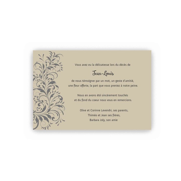carte remerciements décès personnalise, EN PAPIER KRAFT arabesque d'ART, imprimeur-graveur-des-alpes.fr