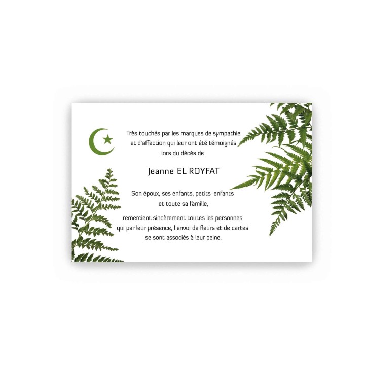 CARTE REMERCIEMENTS DÉCÈS,  HERBES DE FOUGERES SIGNE ARABE CROISSANT MUSULMAN