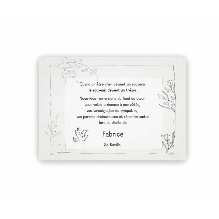 CARTE REMERCIEMENTS DECES MALYS PERSONNALISEE  BELLE COLOMBE  POUR DES CONDOLEANCES