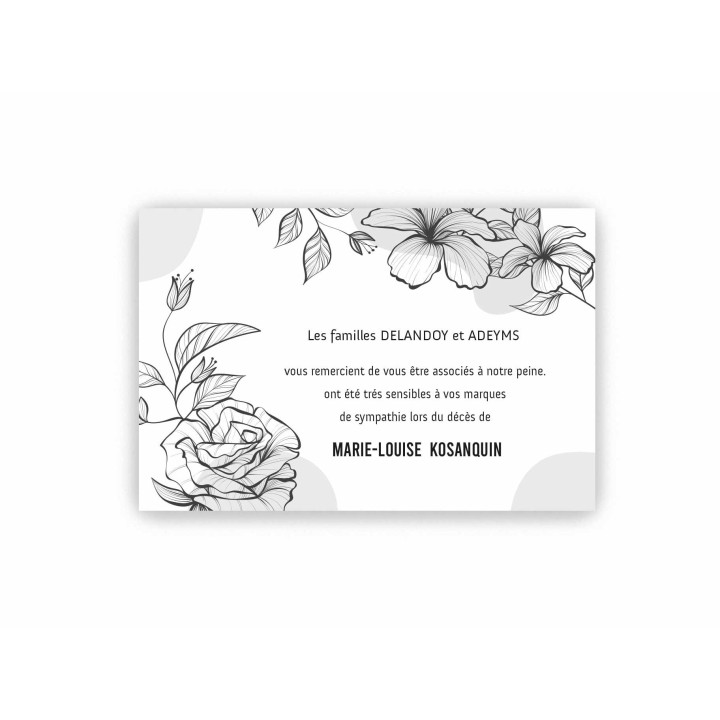 carte remerciements décès, fleurs noires belle de nuit