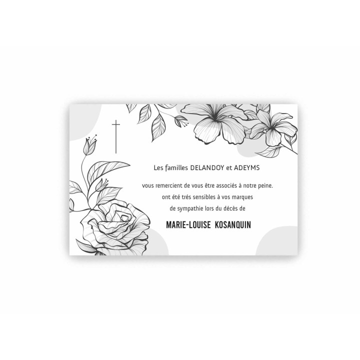 carte remerciements décès, fleurs noires belle de nuit et croix de religion CATHOLIQUE