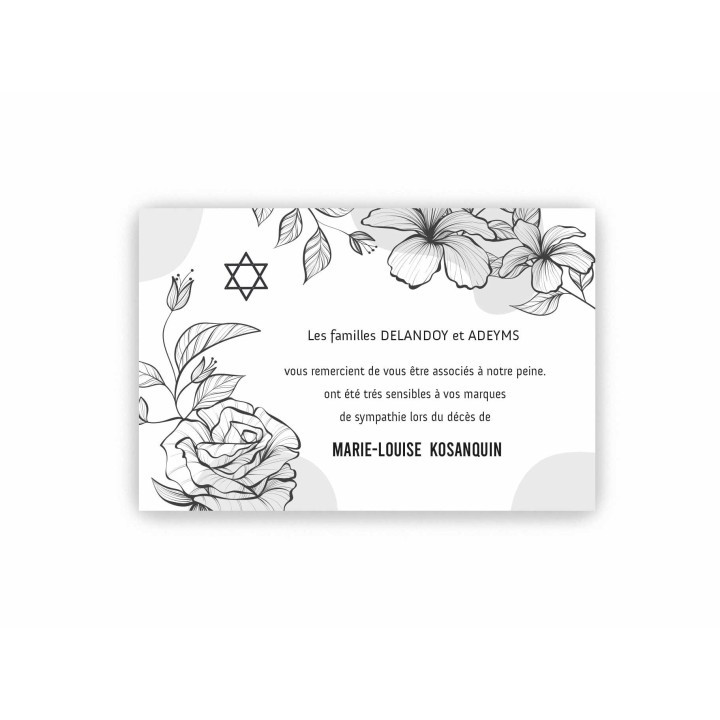 carte remerciements décès, fleurs noires belle de nuit et SIGNE RELIGION JUIF, HEBREU