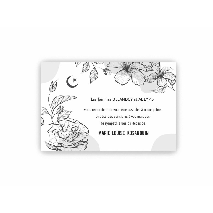 carte remerciements décès, fleurs noires belle de nuit et SIGNE RELIGION MUSULMANE