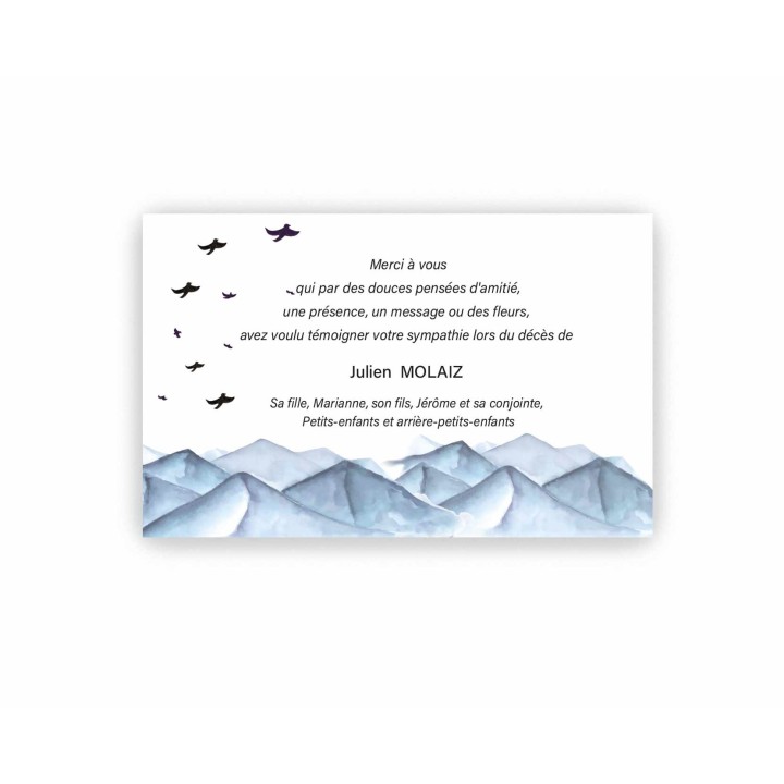 Carte remerciements décès Montagne en aquarelle des ALPES FRANCAISES