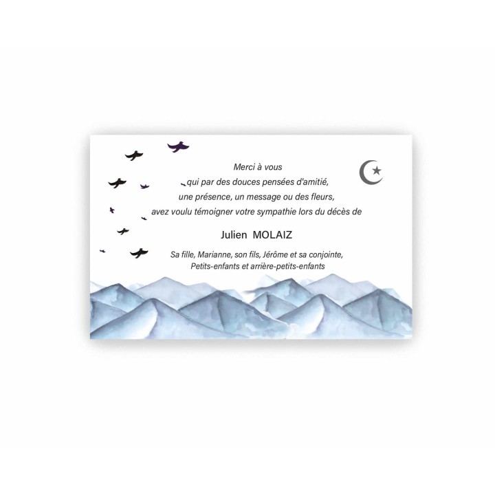 Carte remerciements décès Montagne en aquarelle des ALPES FRANCAISES et croissant musulman