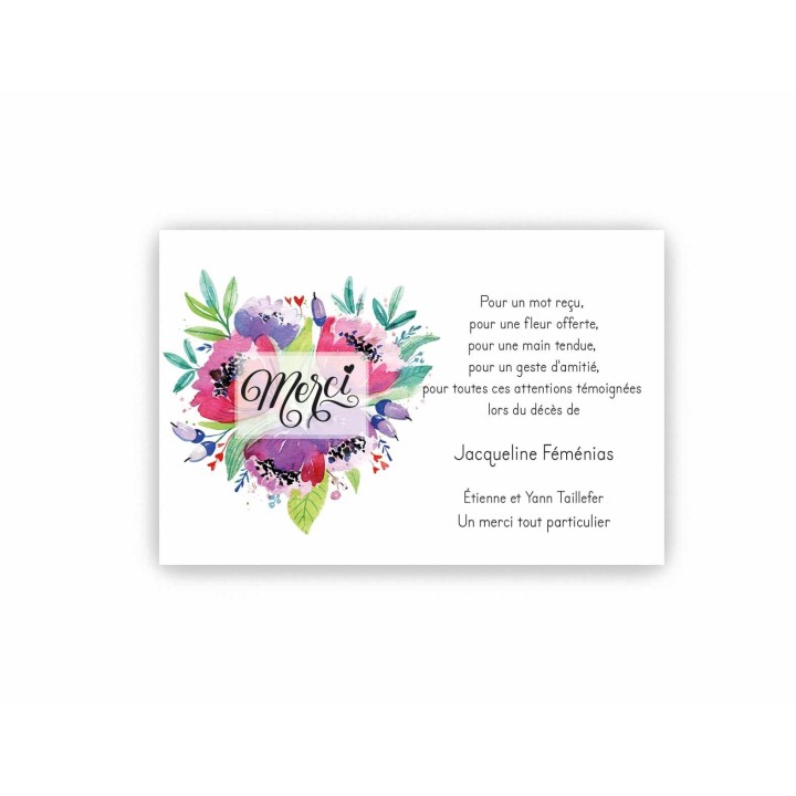 CARTE REMERCIEMENT DECES FLEURS AQUARELLE MERCI DE TOUT COEUR