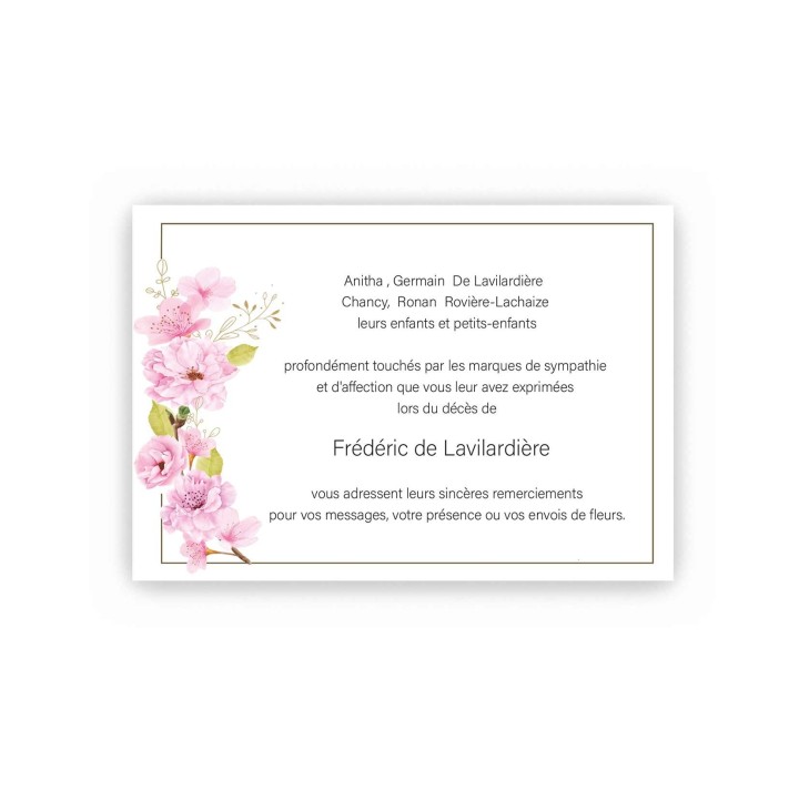 Carte remerciements décès FLEURS DE GRACE