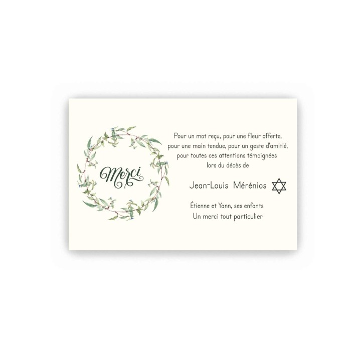 CARTE REMERCIEMENT DECES COURONNE VEGETALE et le signe hébreu Etoile de David