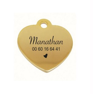 Médaille COEUR  OR grave POUR CHIEN OU CHAT personnalise,  médaille identification de qualite