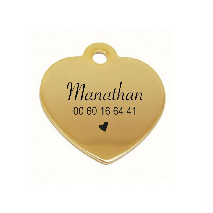Médaille COEUR  OR grave POUR CHIEN OU CHAT personnalise,  médaille identification de qualite