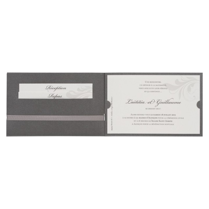 Faire part invitation mariage GRIS ANTRACITHE, personnalise ruban toile