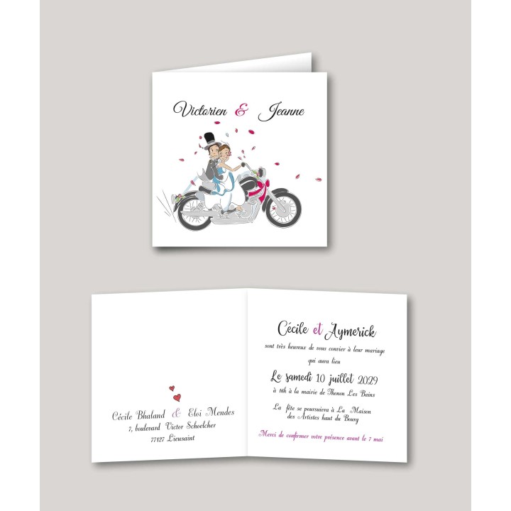 Faire part mariage les mariés en motos, illustration Esprit du motards