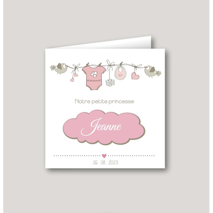 Faire part de naissance, corde à linge, rose pastel