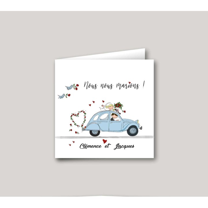 Faire part mariage 2CV vintage bleu, voiture mythique Citroën des années 60
