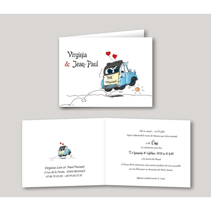 Faire part mariage 2CV retro bleu