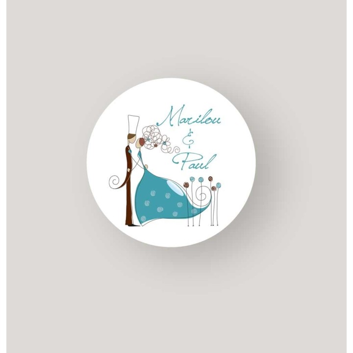 Etiquette Ronde mariage  graphisme les mariés "Charlène"