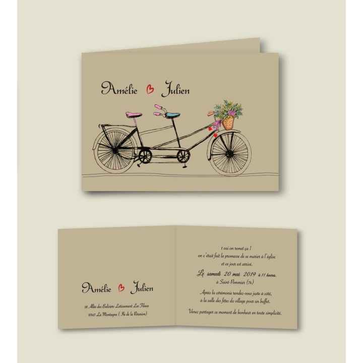 Faire part  invitation mariage kraft  tricycle, vélo à deux